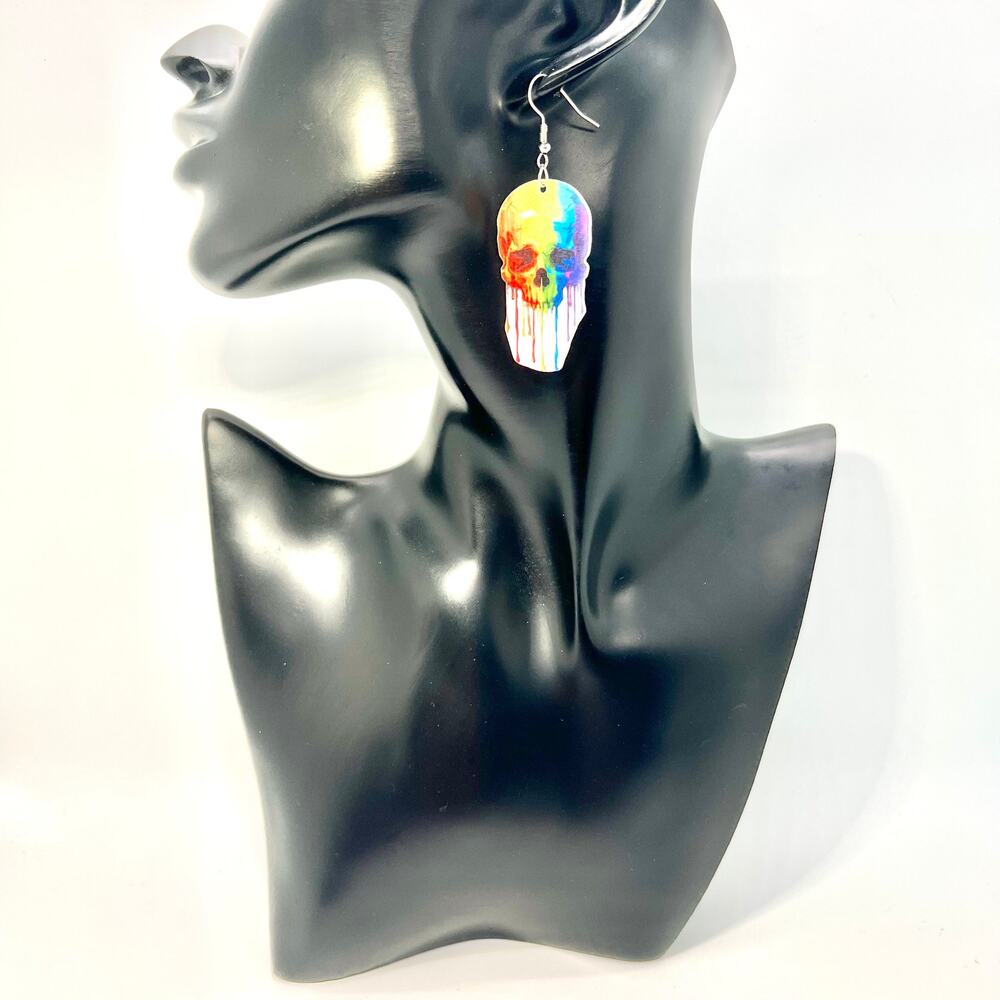 Rainbow Skull Earrings - Halloween Earrings - Goth Accessories - Pride Earrings - Picture 6 of 8